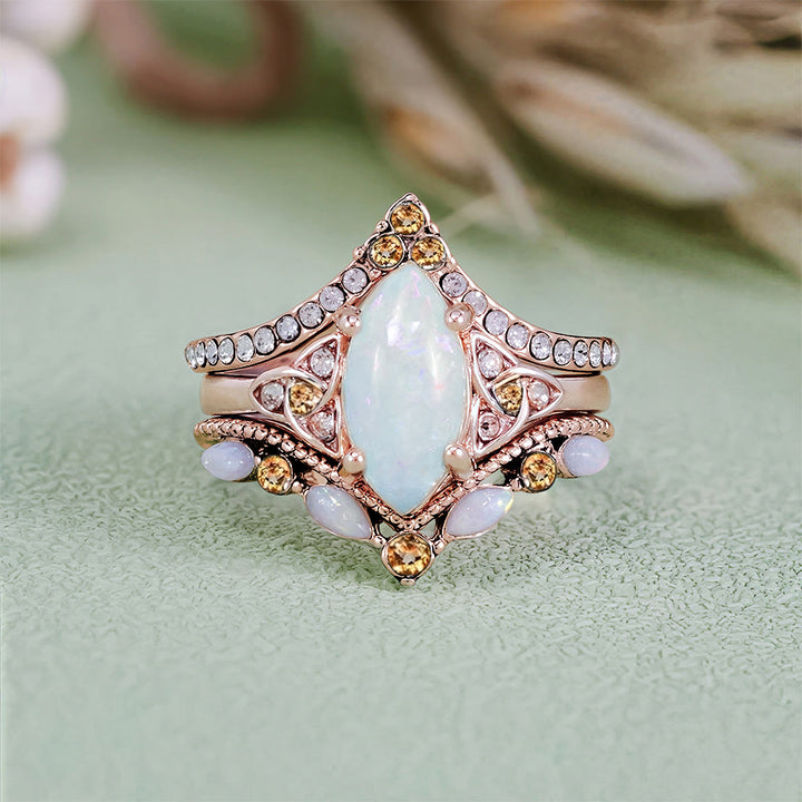 FREE Today: Vintage Milgrain Marquise Opal and Emerald Three-Piece Ring Set  - Opal#Color Rose Gold - US 10 - image 10