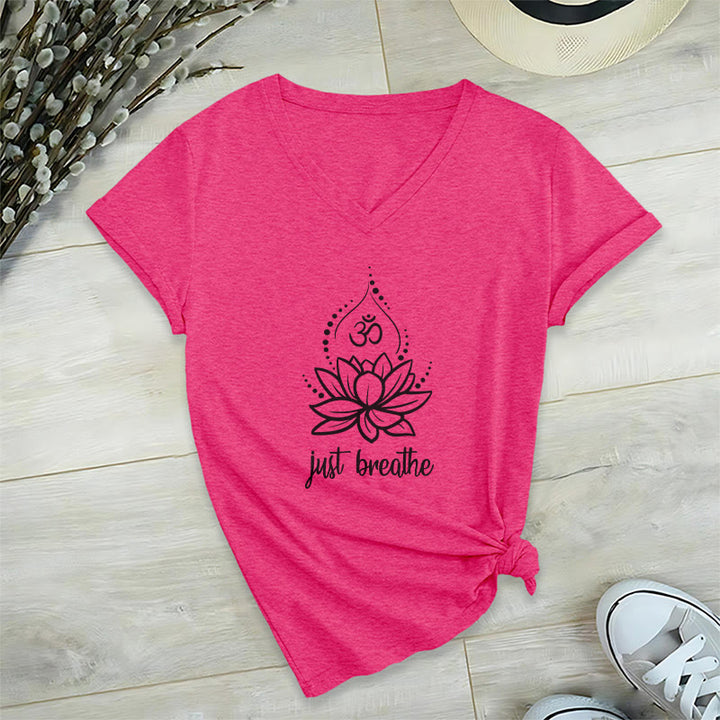 Olivenorma "Just Breathe"  Yoga Meditation V-Neck T-Shirt - Rose Red - 2XL - image 18