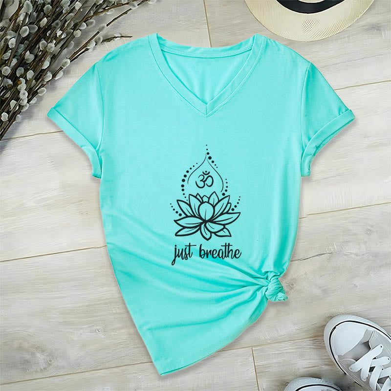 Olivenorma "Just Breathe"  Yoga Meditation V-Neck T-Shirt - Lake Blue - 2XL - image 22