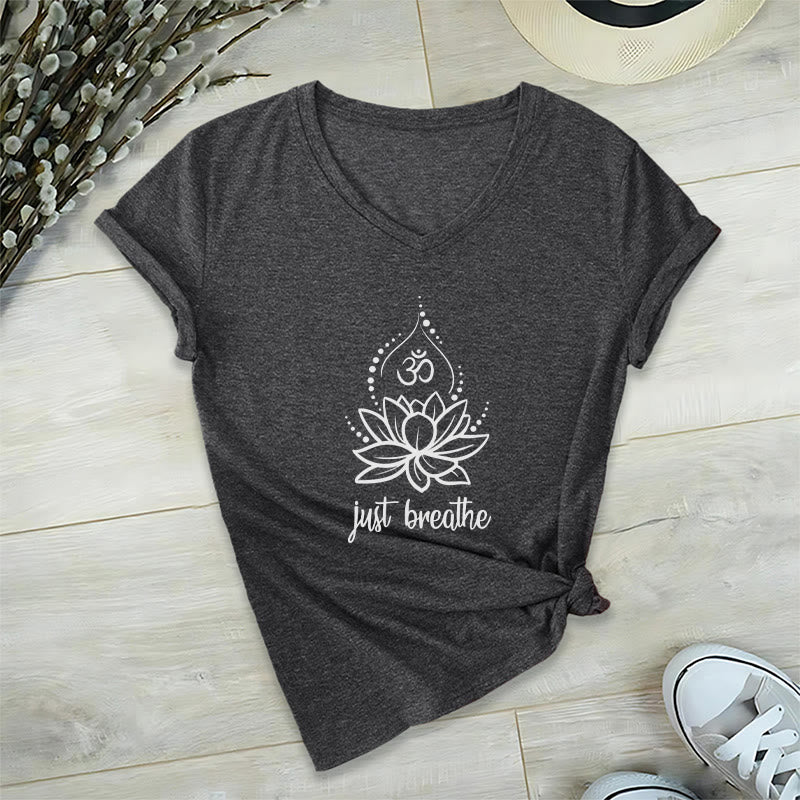 Olivenorma "Just Breathe"  Yoga Meditation V-Neck T-Shirt - Gray - 2XL - image 8