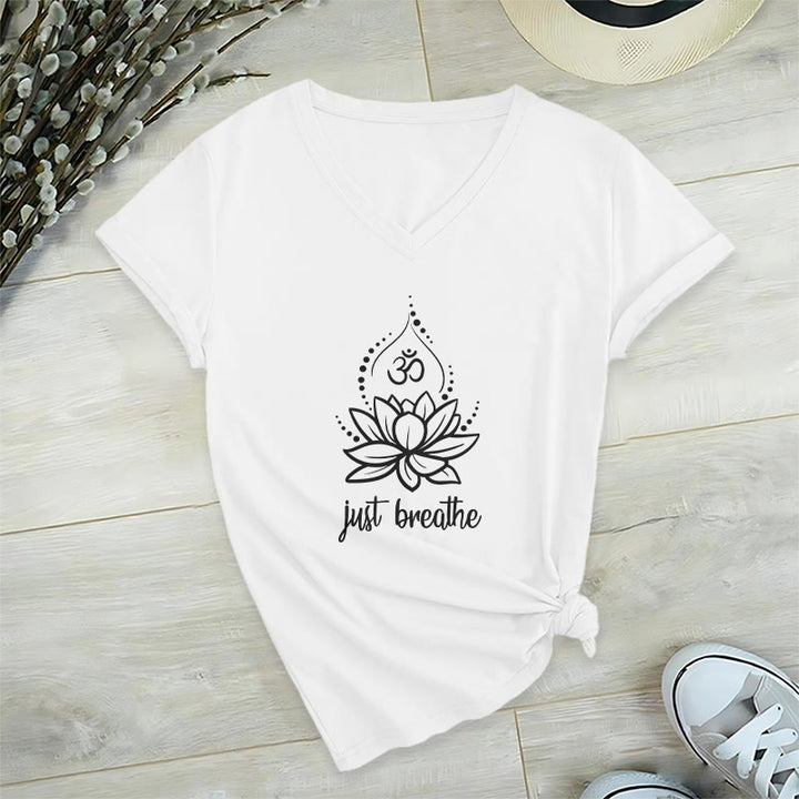 Olivenorma "Just Breathe"  Yoga Meditation V-Neck T-Shirt - White - 2XL - image 0