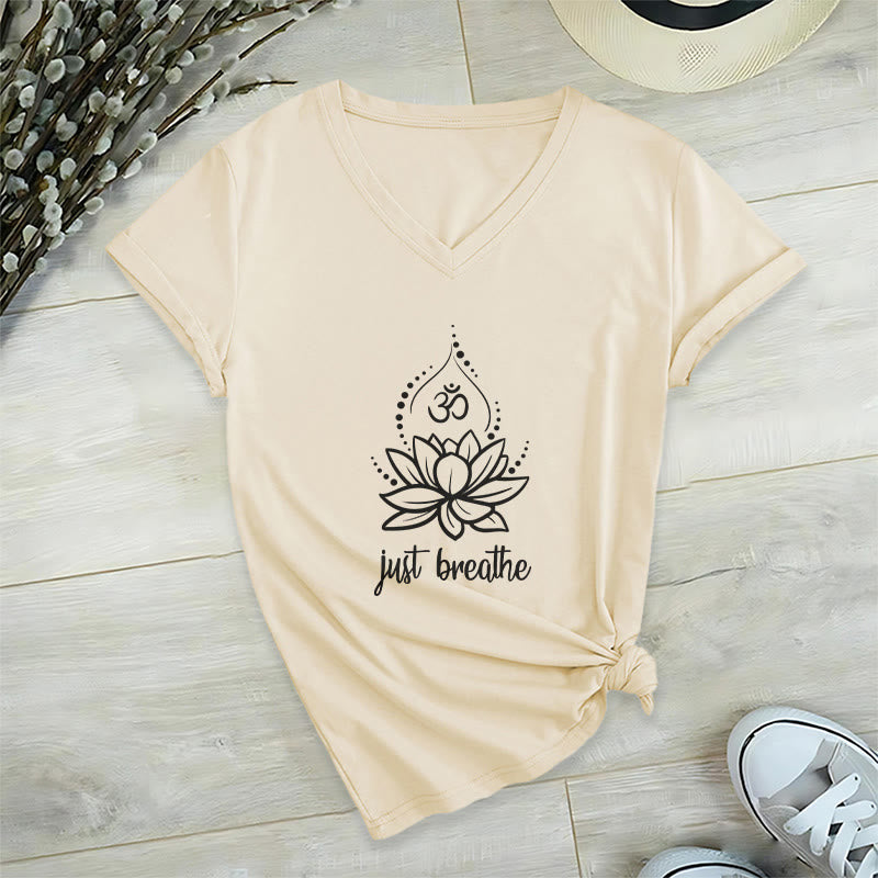 Olivenorma "Just Breathe"  Yoga Meditation V-Neck T-Shirt - Khaki - 2XL - image 20