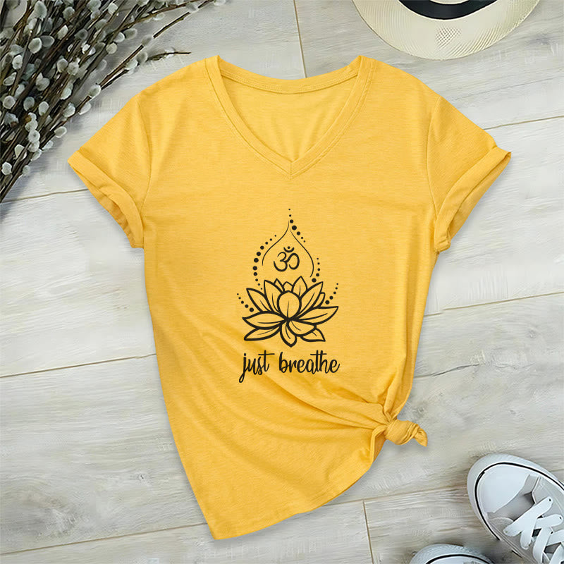 Olivenorma "Just Breathe"  Yoga Meditation V-Neck T-Shirt - Yellow - 2XL - image 14
