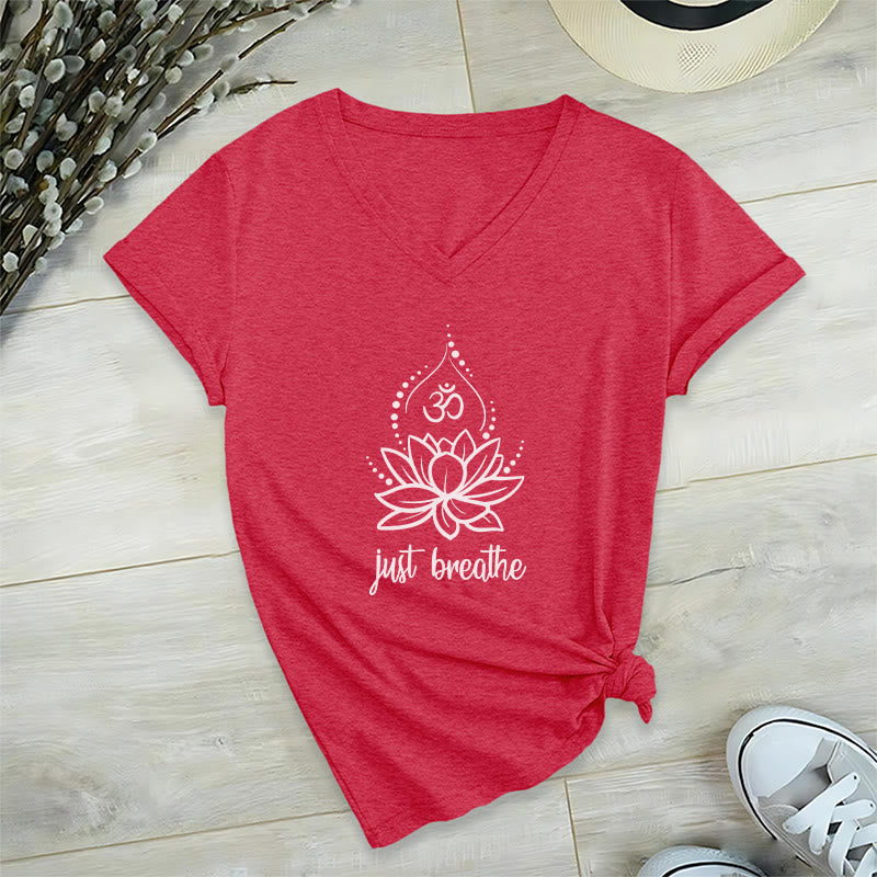 Olivenorma "Just Breathe"  Yoga Meditation V-Neck T-Shirt - Red - 2XL - image 12