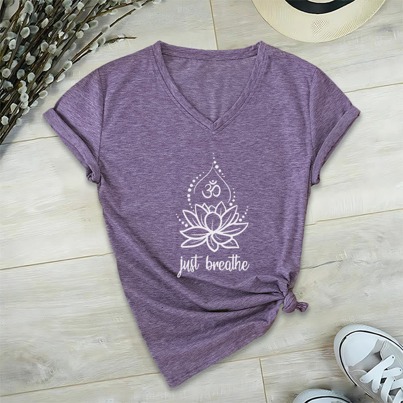 Olivenorma "Just Breathe"  Yoga Meditation V-Neck T-Shirt - Purple - 2XL - image 24
