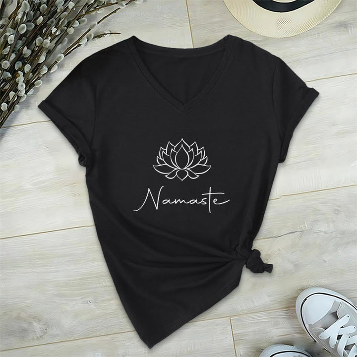 Olivenorma Minimalist Yoga Namaste V-Neck T-Shirt - Black - 2XL - image 12