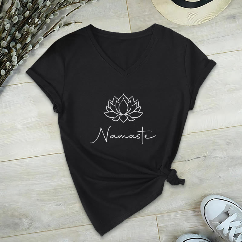 Olivenorma Minimalist Yoga Namaste V-Neck T-Shirt - Black - 2XL - image 12