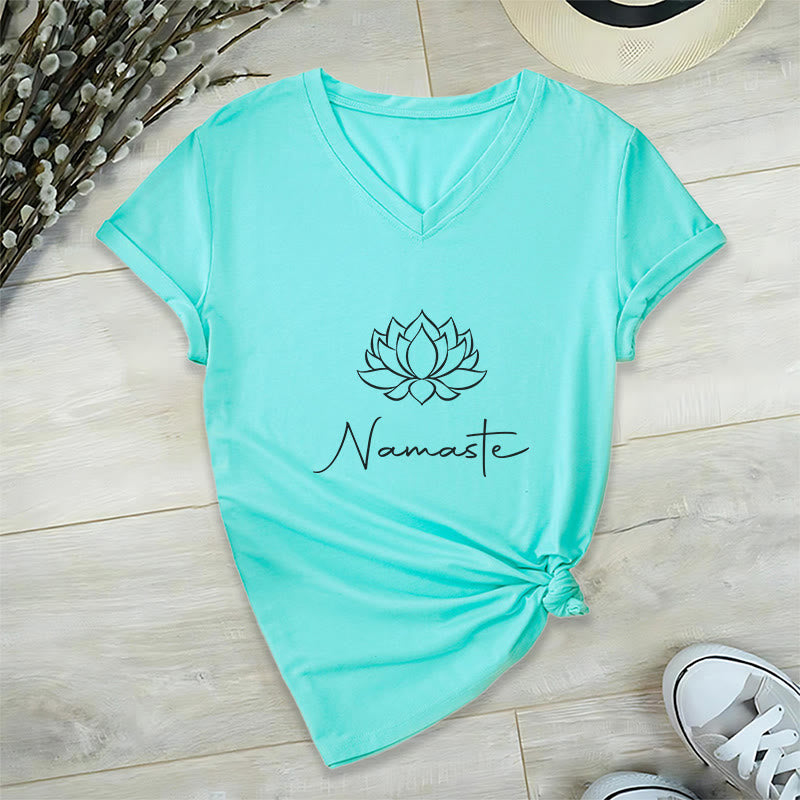 Olivenorma Minimalist Yoga Namaste V-Neck T-Shirt - Lake Blue - 2XL - image 22