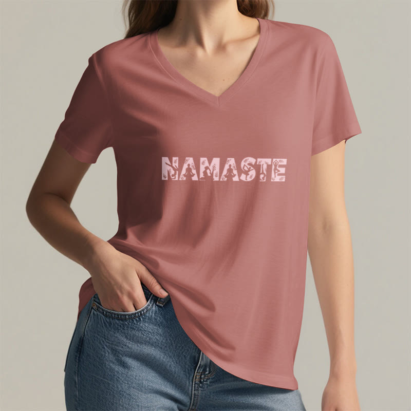 Olivenorma Minimalist Yoga Namaste Pose V-Neck T-Shirt - image 19