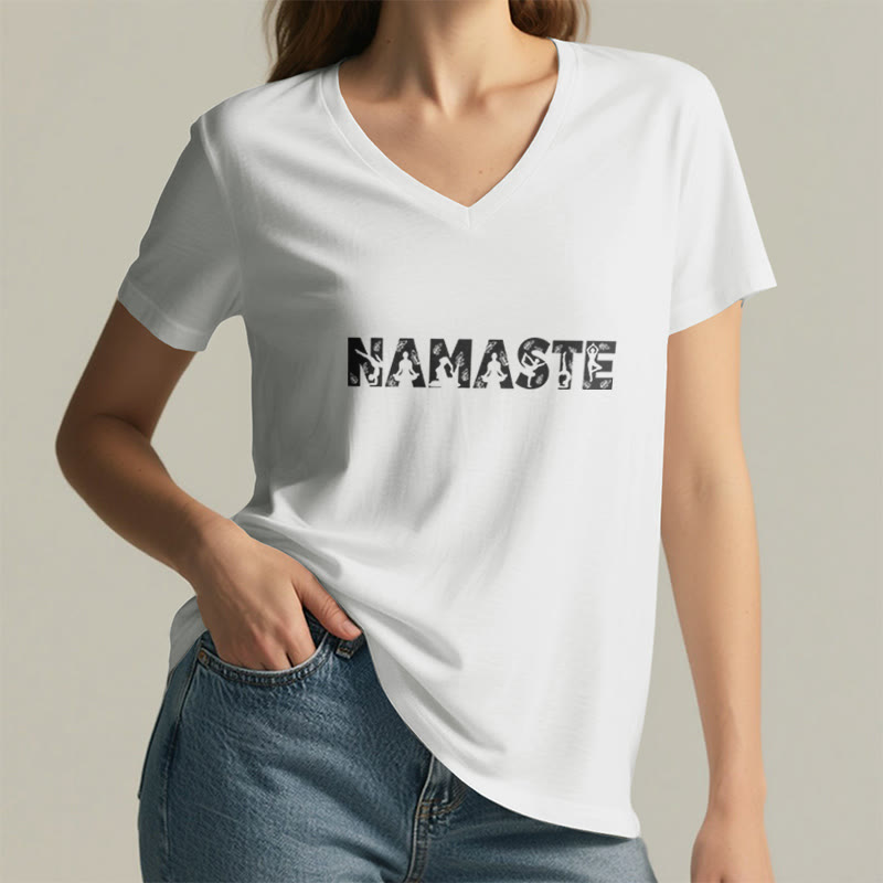 Olivenorma Minimalist Yoga Namaste Pose V-Neck T-Shirt - image 5