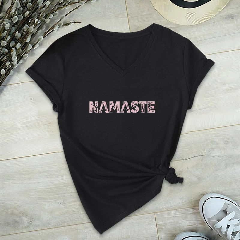 Olivenorma Minimalist Yoga Namaste Pose V-Neck T-Shirt - Black - 2XL - image 0