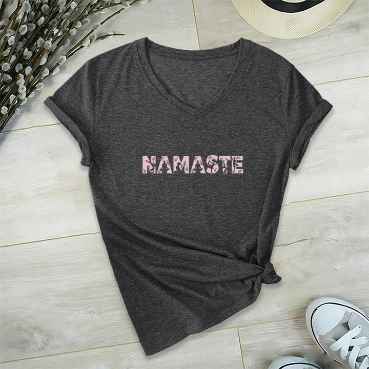Olivenorma Minimalist Yoga Namaste Pose V-Neck T-Shirt - Gray - 2XL - image 12