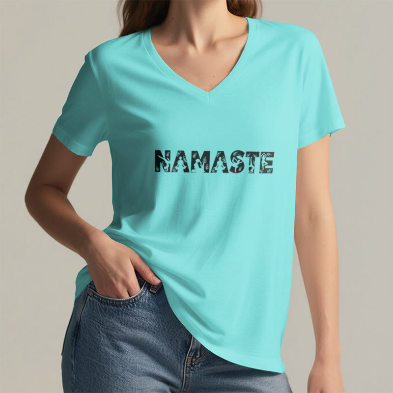 Olivenorma Minimalist Yoga Namaste Pose V-Neck T-Shirt - image 23