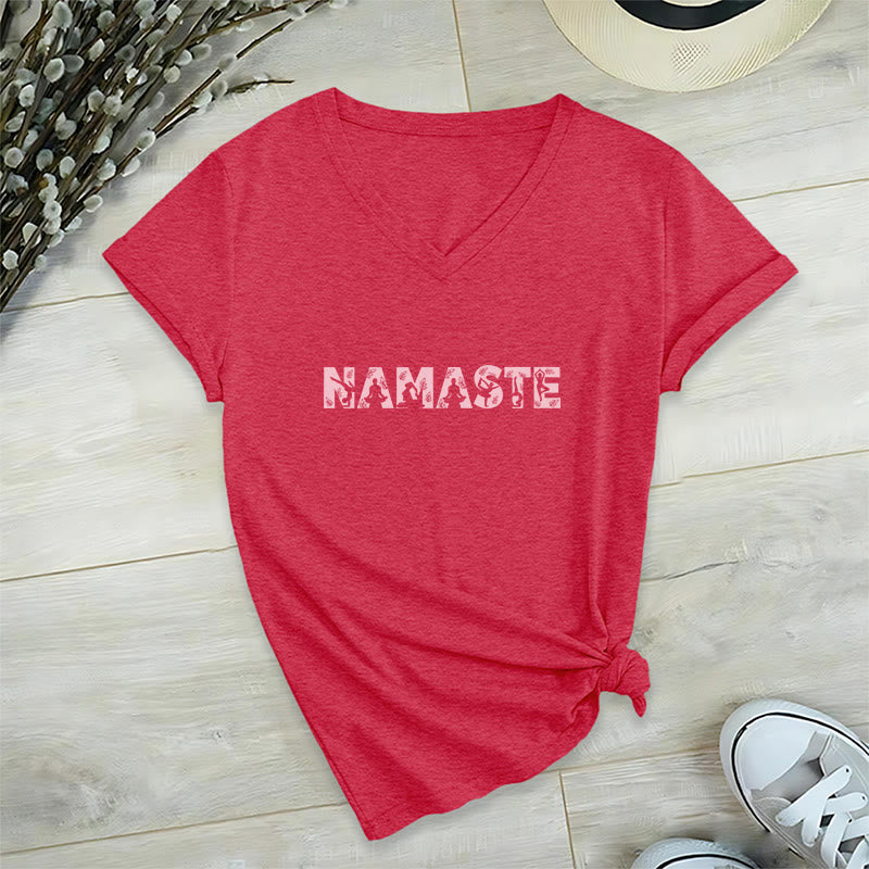 Olivenorma Minimalist Yoga Namaste Pose V-Neck T-Shirt - Red - 2XL - image 14