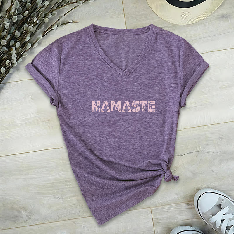 Olivenorma Minimalist Yoga Namaste Pose V-Neck T-Shirt - Purple - 2XL - image 24