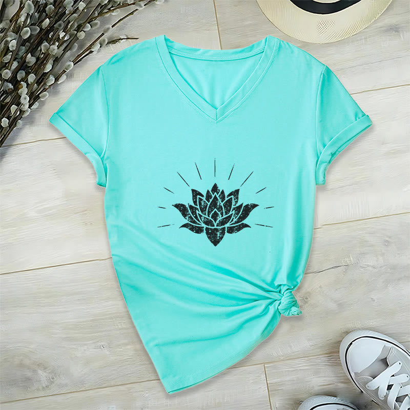Olivenorma Lotus Zen Yoga V-neck T-shirt - Lake Blue - 2XL - image 22