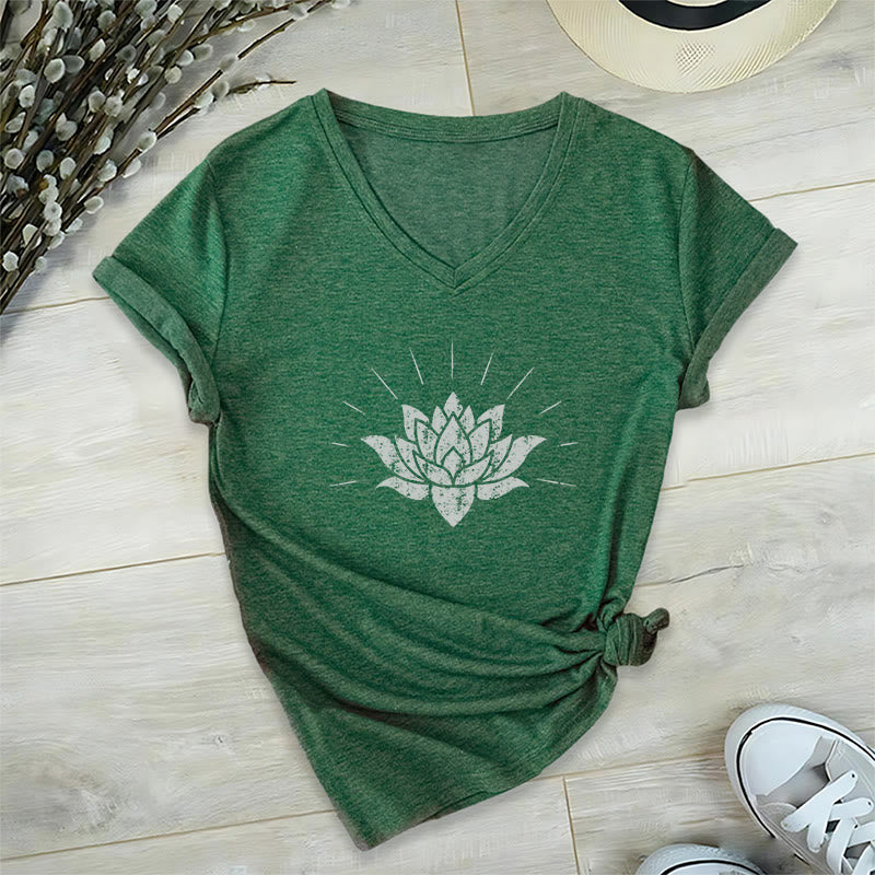 Olivenorma Lotus Zen Yoga V-neck T-shirt - Dark Green - 2XL - image 10