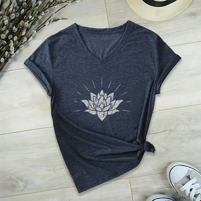 Olivenorma Lotus Zen Yoga V-neck T-shirt - Navy Blue - 2XL - image 8