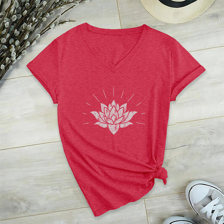Olivenorma Lotus Zen Yoga V-neck T-shirt - Red - 2XL - image 14