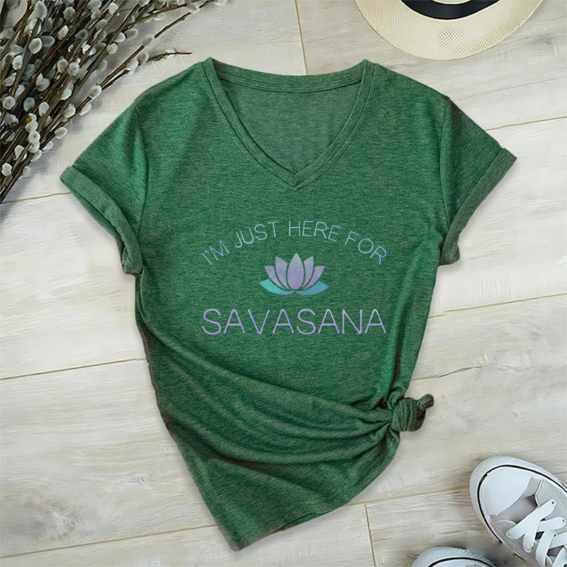 Olivenorma Here for Savasana Yoga V-Neck T-Shirt - Dark Green - 2XL - image 10