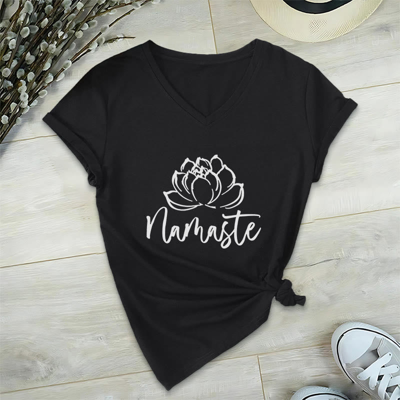 Olivenorma Lotus Yoga Meditation Namaste V-Neck T-Shirt - Black - 2XL - image 4