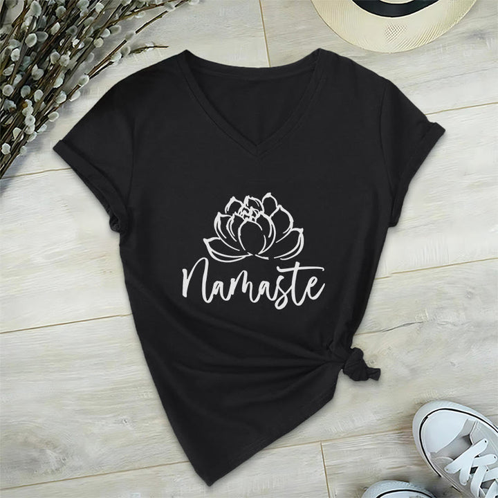 Olivenorma Lotus Yoga Meditation Namaste V-Neck T-Shirt - Black - 2XL - image 4