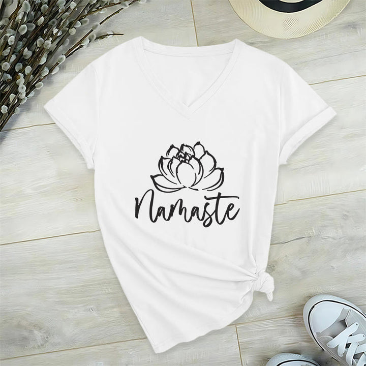 Olivenorma Lotus Yoga Meditation Namaste V-Neck T-Shirt - White - 2XL - image 10
