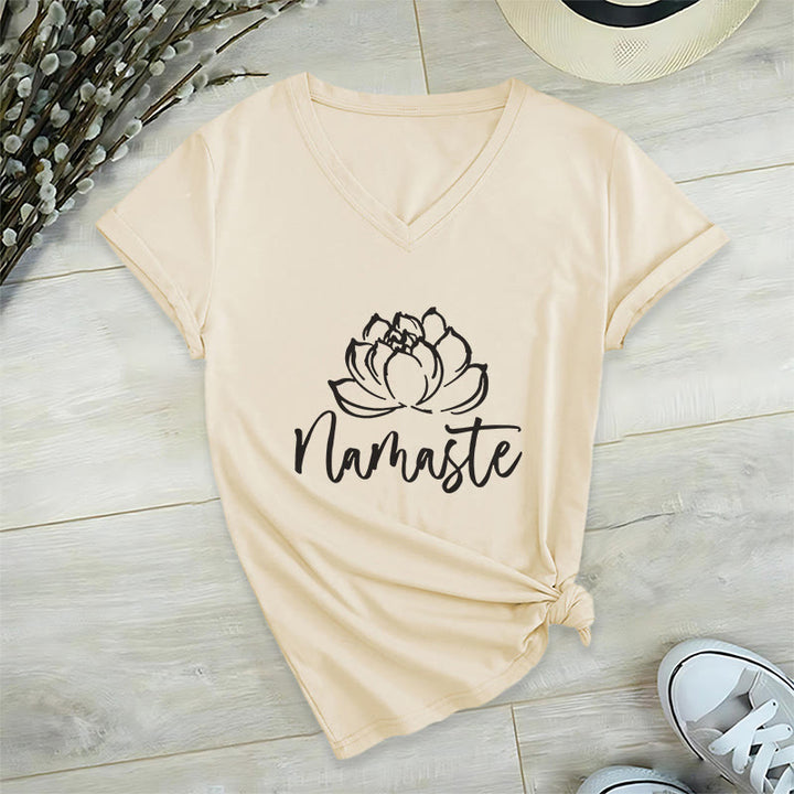 Olivenorma Lotus Yoga Meditation Namaste V-Neck T-Shirt - Khaki - 2XL - image 8