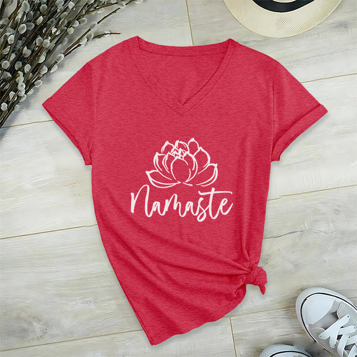 Olivenorma Lotus Yoga Meditation Namaste V-Neck T-Shirt - Red - 2XL - image 18
