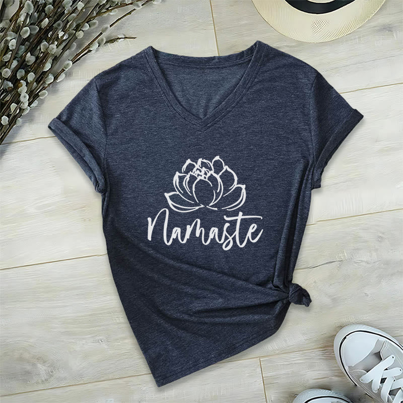 Olivenorma Lotus Yoga Meditation Namaste V-Neck T-Shirt - Navy Blue - 2XL - image 12