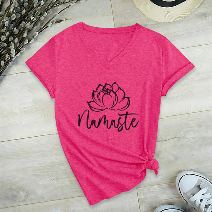Olivenorma Lotus Yoga Meditation Namaste V-Neck T-Shirt - Rose Red - 2XL - image 22