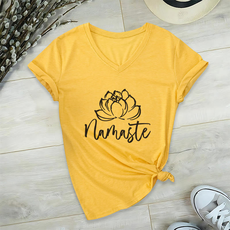 Olivenorma Lotus Yoga Meditation Namaste V-Neck T-Shirt - Yellow - 2XL - image 20
