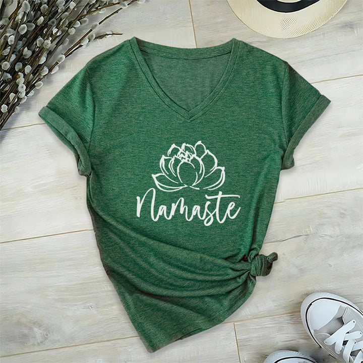 Olivenorma Lotus Yoga Meditation Namaste V-Neck T-Shirt - Dark Green - 2XL - image 14