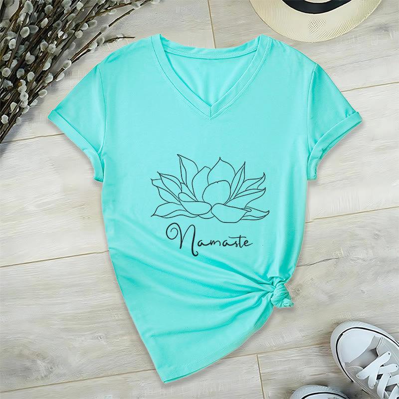 Olivenorma Oversized Namaste Yoga V-Neck T-Shirt - Lake Blue - 2XL - image 2