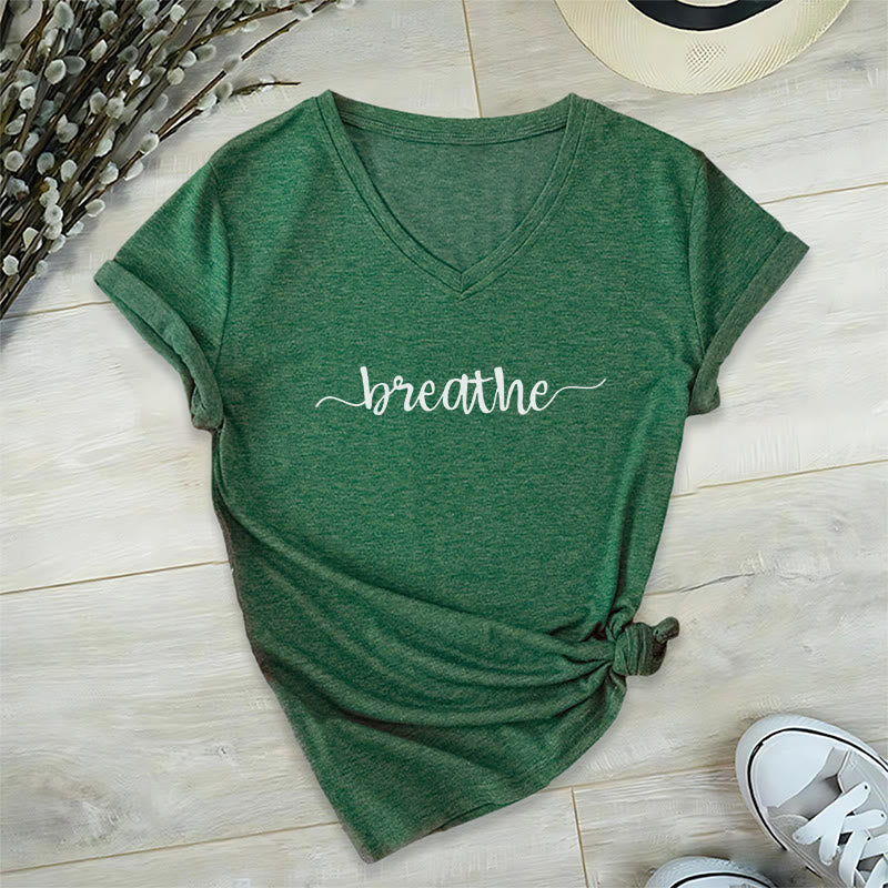 Olivenorma Breathe Yoga Meditation V-Neck T-Shirt - Dark Green - 2XL - image 14