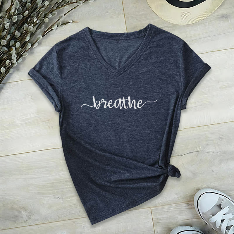 Olivenorma Breathe Yoga Meditation V-Neck T-Shirt - Navy Blue - 2XL - image 12