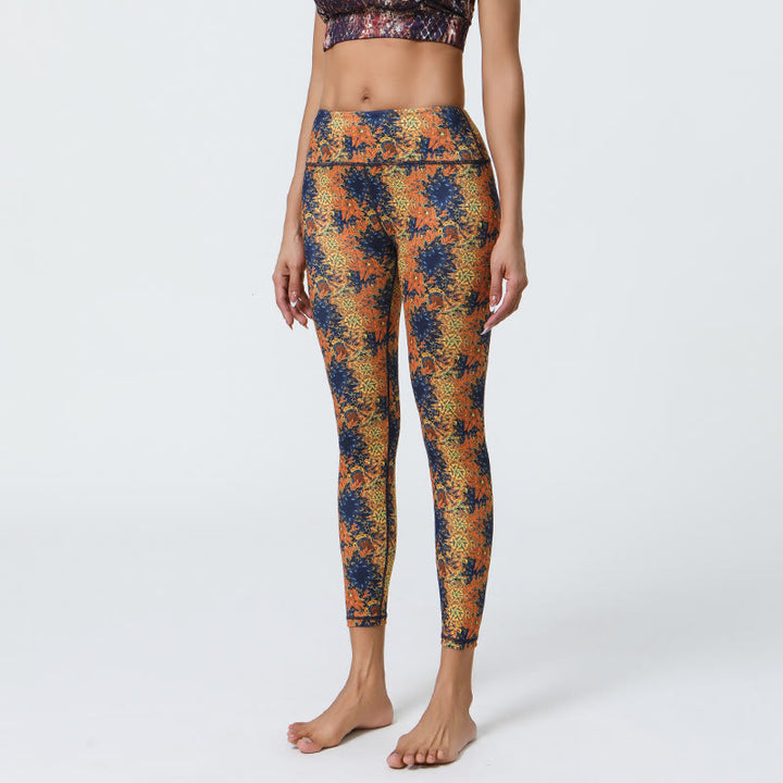 Olivenorma High-Waisted Geometric Floral Print Yoga Pants - Deep Blue Flowers - XL - image 1