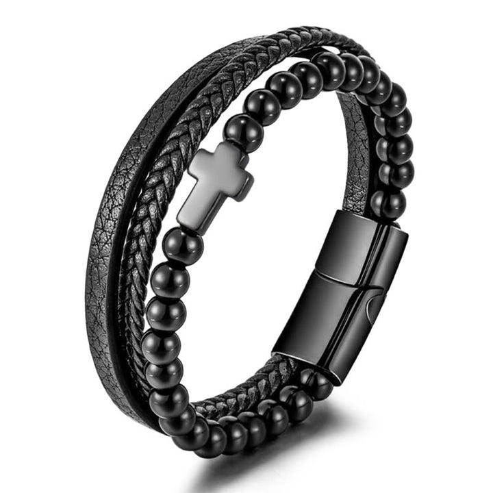 Olivenorma Tiger Eye Cross Stainless Steel Braided Leather Bracelet - Obsidian & Silver Black Cross - image 8