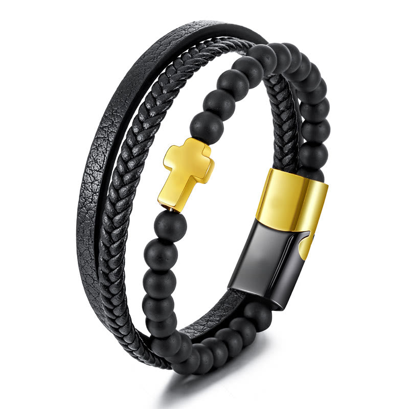 Olivenorma Tiger Eye Cross Stainless Steel Braided Leather Bracelet - Black Onyx & Golden Cross - image 10