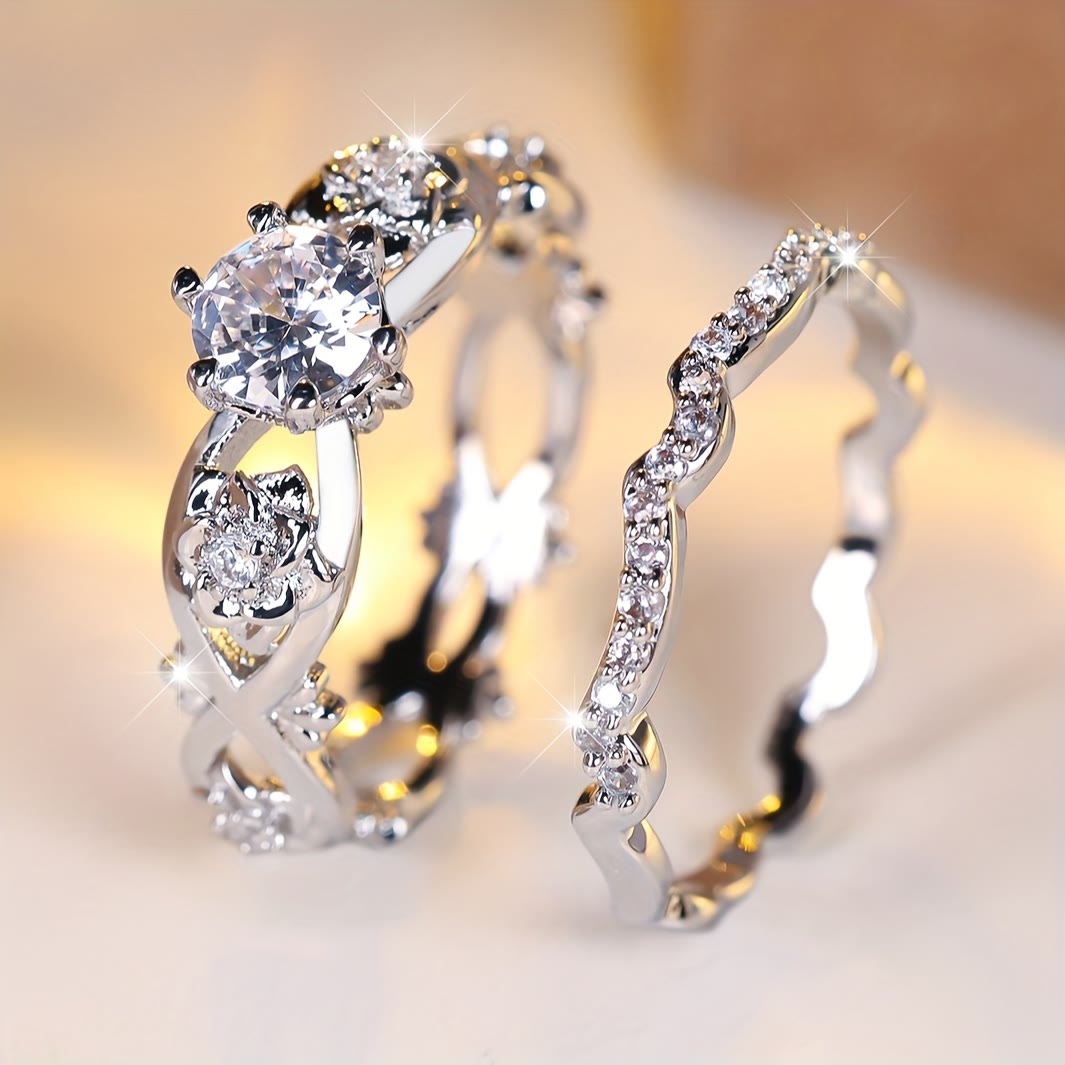 FREE Today: 2Pcs Rose Designed Wave Classic Luxury Synthetic Zircon Wedding Ring - image 1