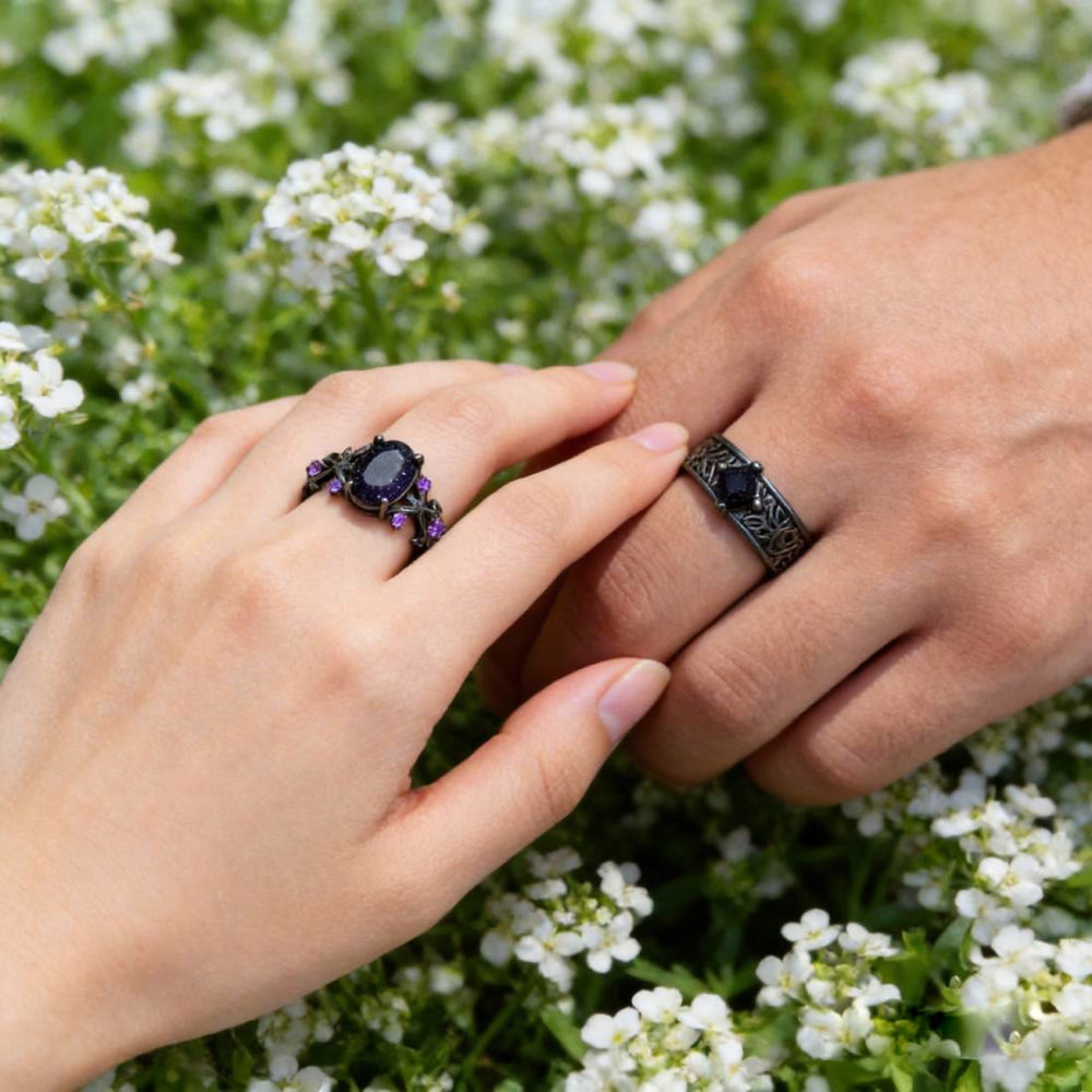 FREE Today: 2Pcs Vintage Black Opal & Blue Sandstone Couples Rings, Elegant Mysterious Oval Shape Matching Set - image 1