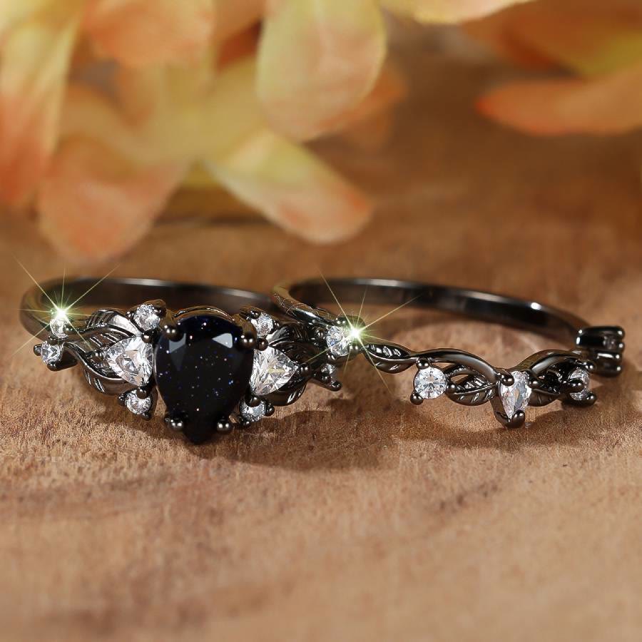 FREE Today: 2Pcs Gothic Pear Teardrop Black Moissanite Engagement Ring Set - image 1