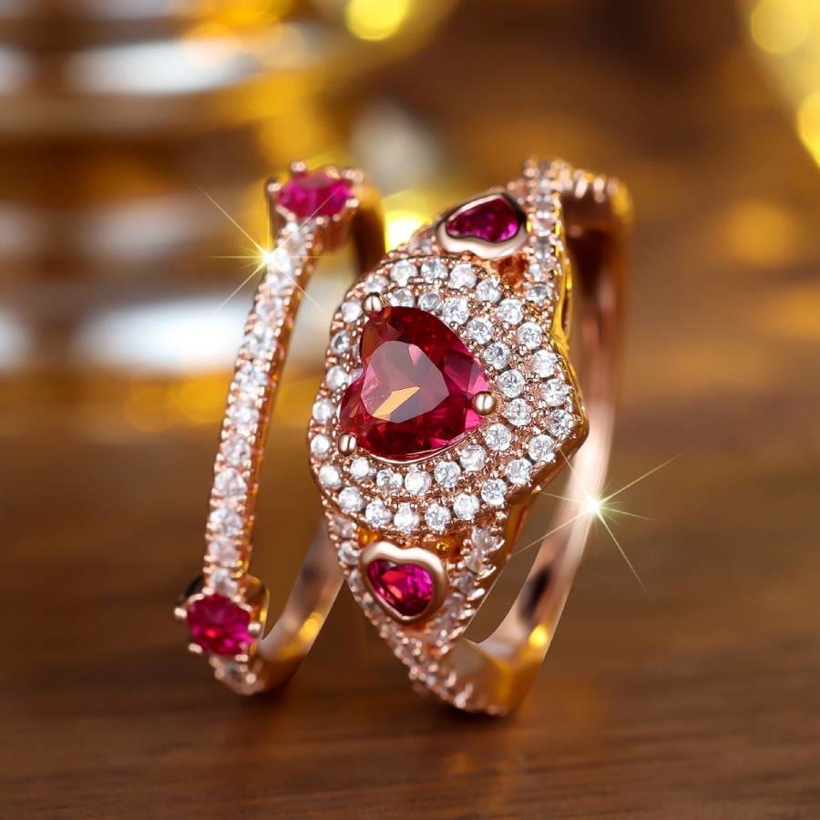 FREE Today: 2Pcs Heart Cut Rose Red Zircon Stone Wedding Ring Set - US 10 - image 0