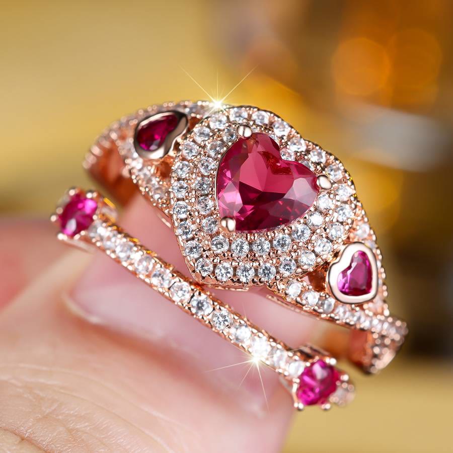 FREE Today: 2Pcs Heart Cut Rose Red Zircon Stone Wedding Ring Set - image 3