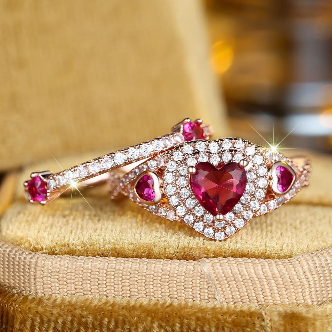 FREE Today: 2Pcs Heart Cut Rose Red Zircon Stone Wedding Ring Set - image 4