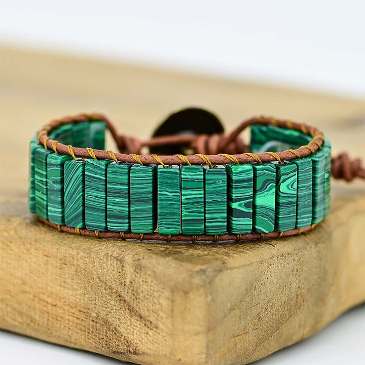 Olivenorma Natural Stone Square Leather String Wrap Bracelet - Malachite - image 6