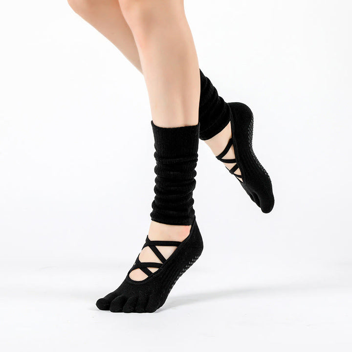 Olivenorma Elastic Strap Yoga Barre Socks Anti-Slip Grip Pilates Training Socks for Women - Black - 5 Pairs - image 8