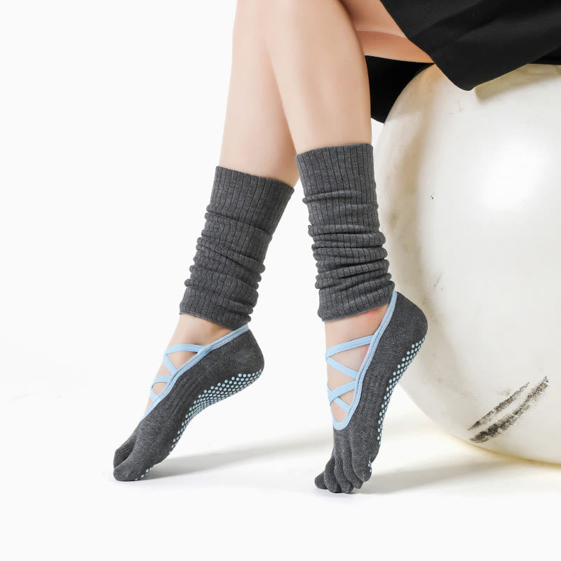Olivenorma Elastic Strap Yoga Barre Socks Anti-Slip Grip Pilates Training for Women with Secure Cross Strap & Breathable Comfort Socks - Grey - 5 Pairs - image 0