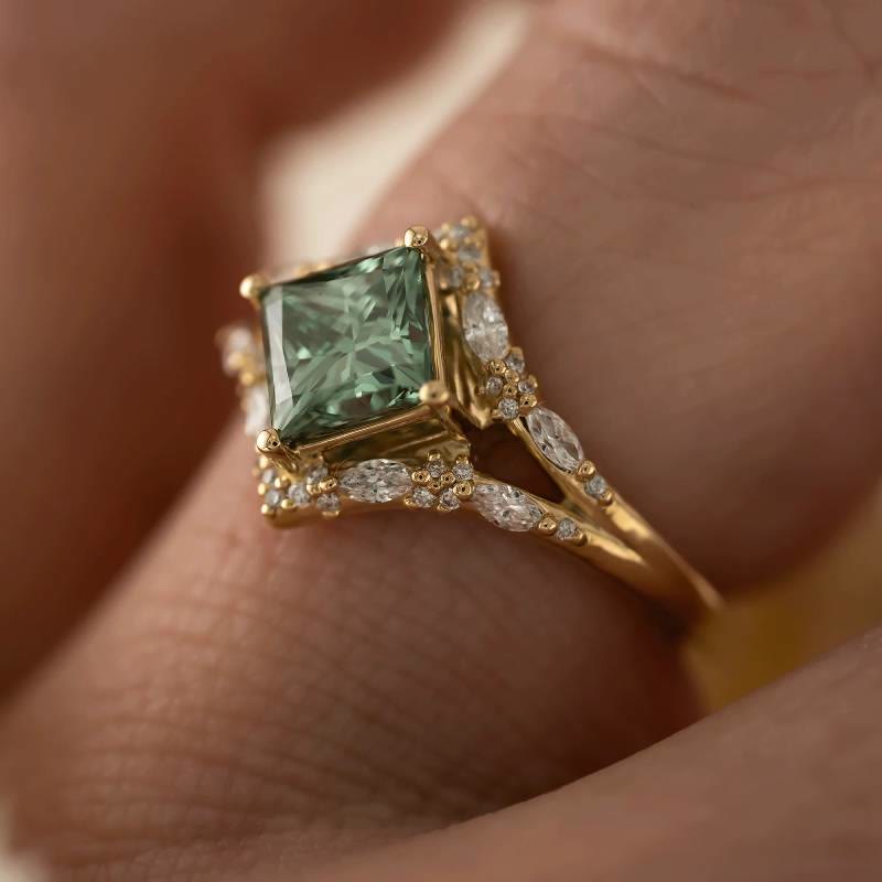 FREE Today: Elegant Square Cut Green Moissanite Engagement Luxury Vintage Promise Ring - image 5