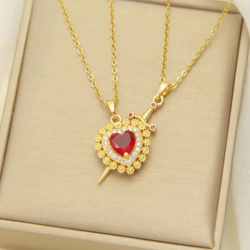 FREE Today: "Fight for your love" Heart Lock Slip Chain Heart Sword Couple Necklace Set - Red Flower Heart & Golden Color - image 12